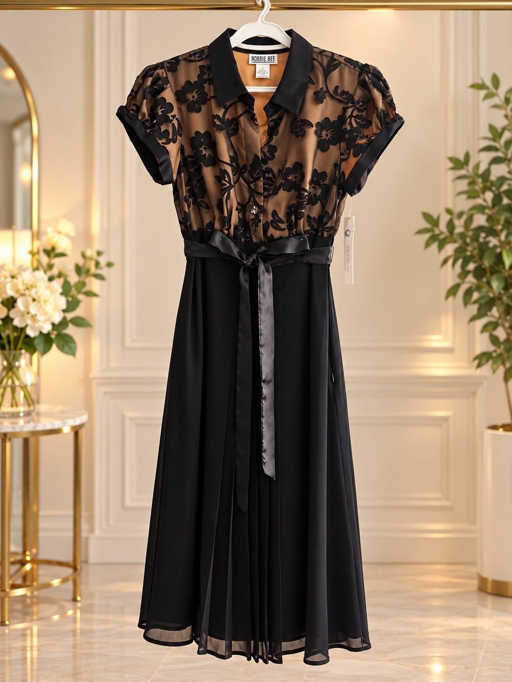 Robbie Bee Black Floral Mesh & Satin-Trim Midi Dress Party , Formal Dress